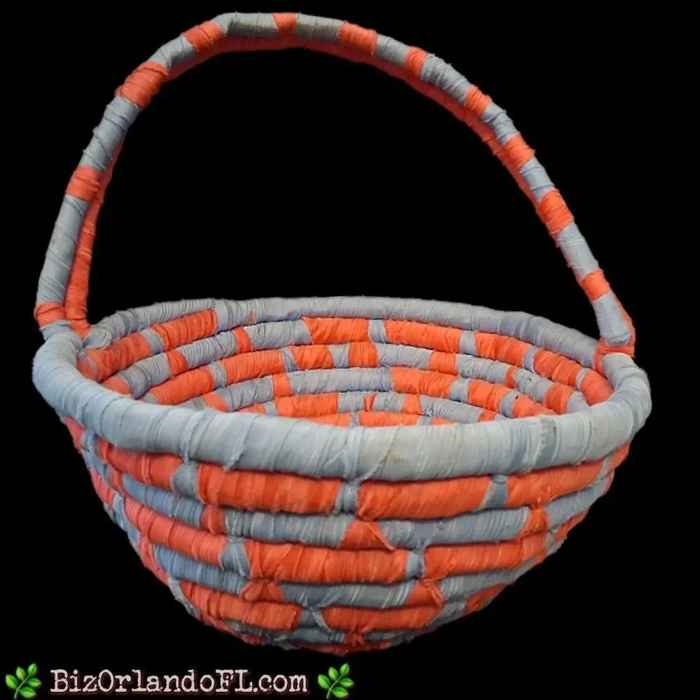 VINTAGE: Set of 2 Matching Nested Coiled Rope Basket in Coral & Blue Colors RARE